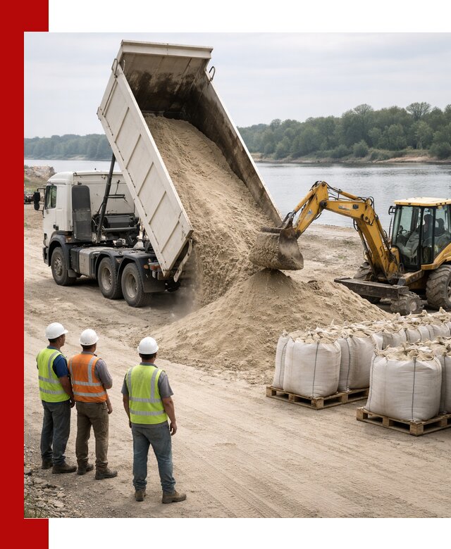 Доставка речного песка в клине самосвалами и погрузкой