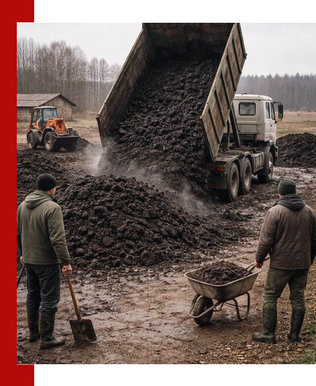 Доставка низинного торфа с разгрузкой и доставкой в клине