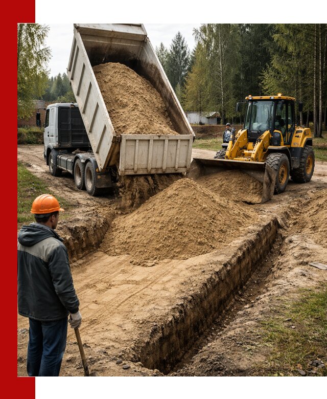 Доставка песчаного грунта в клине для строительных работ