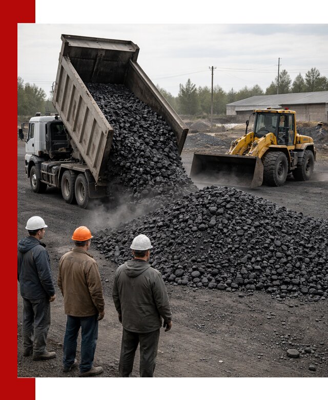 Доставка угля антрацита в клине с самосвалами и погрузкой