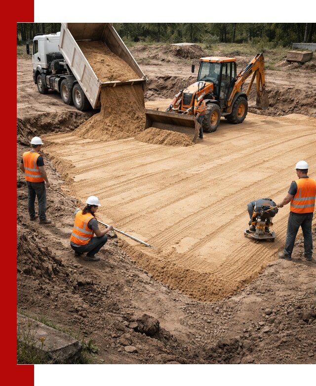 Устройство песчаной подушки для фундаментов и дорог в клине